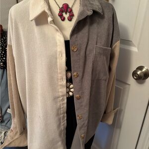 Blu Pepper Two-Tone Corduroy Button-Down Shirt Jacket - Cream & Gray, Tan